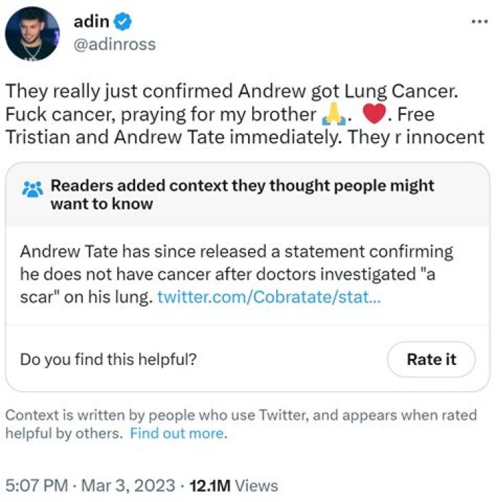 Andrew Tate has lung cancer, his manager confirms