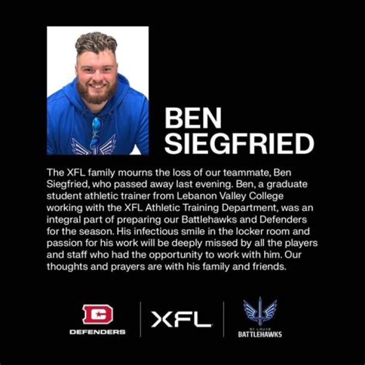 Ben Siegfried Cause of Death, Lebanon Valley College “XFL Athletic” Trainer