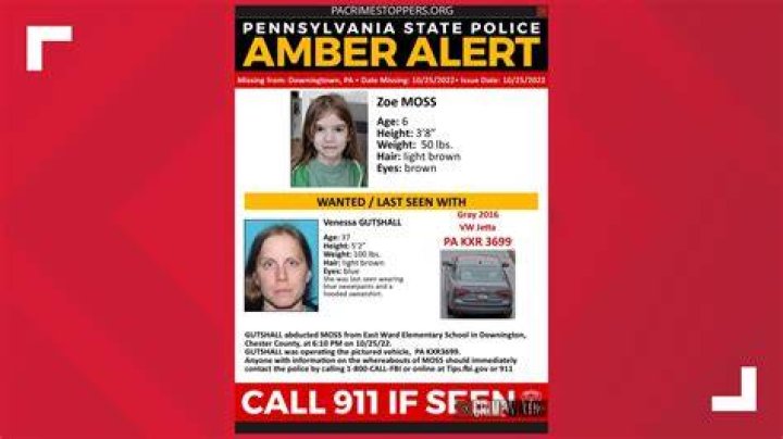 Missing Zoe Moss was last seen in the Downington neighborhood of Chester County with Vanessa Gutshall,